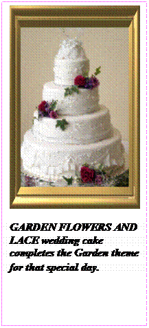 Text Box:  

GARDEN FLOWERS AND LACE wedding cake completes the Garden theme for that special day. 
