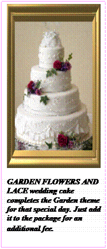Text Box:  

GARDEN FLOWERS AND LACE wedding cake completes the Garden theme for that special day. Just add it to the package for an additional fee.
